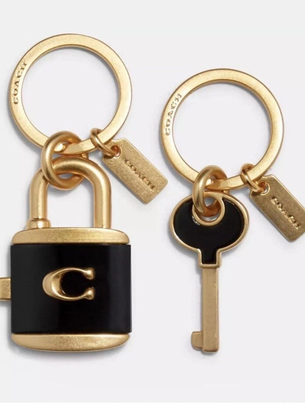 Coach Lock And Key Bag Charm Key Ring Purse Fob C1679 Black Enamel Gold NWT - Picture 5 of 8